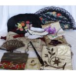 2 PAINTED SILK & EMBROIDERED HANKERCHIEF PANELS & HANKIES, APLLICA TEA COSY, GLOVE POUCH & 3 PRS
