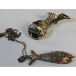 ARTICULATED FISH PENDANT TO CHAIN & GERMAN PATENT FISH CLIP BROOCH