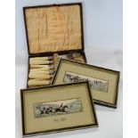 CASED SET OF PLATED FISH CUTLERY & 2 FRAMED CASHS HUNT SILKS