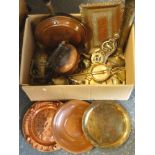 COPPER BED WARMER & BOX OF METALWARE