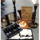 2 BOXED SETS CUTLERY, DECO FRAME, PLASTER PLAQUE & PR OF OAK BARLEY TWIST CANDLESTICKS