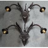 PR OF BRONZE WALL LIGHT FITTINGS WITH RAMSHEAD DECOR