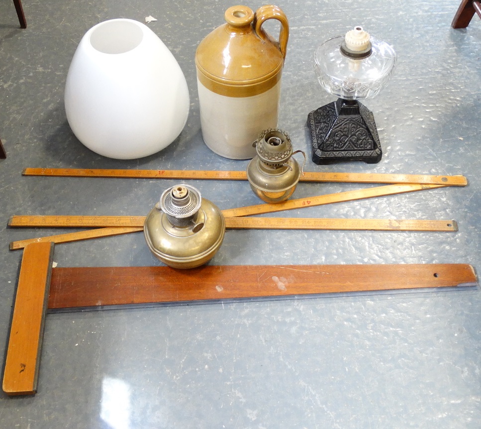 3 PART OIL LAMPS, CIDER JAR, T SQUARE YARD STICKS