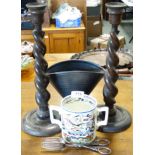 PR OAK BARLEY TWIST CANDLESTICKS, SPEED PLOUGH LOVING CUP, PRINKNASH VASE + TONGS