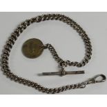 SILVER WATCH CHAIN WITH BUFFALO 5 CENTS COIN FOB