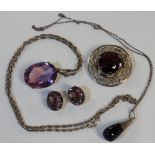 2 AMETHYST SET PENDANTS, BROOCH & PR OF EARRINGS