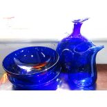 4 PCES OF BLUE GLASS (2 BOWLS, EWER & WATER JUG)