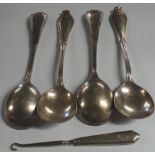 TIFFANY & CO SILVER HANDLE BUTTON HOOK & 4 TIFFANY & CO SPOONS