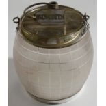 GLASS BISCUIT BARREL-FROSTED GLASS BODY & EPNS LID, RIM & SWING HANDLE