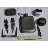 HIP FLASK, 2 PENKNIVES, 2 PAGE MARKERS (1935 JUBILEE & CLIFTONVILLE) TIN SONGSTER GRAMOPHONE