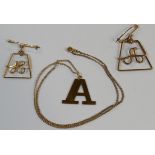 9CT GOLD INITIAL A PENDANT TO CHAIN & 2 METAL INITIAL PIN BROOCHES