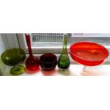 2 GLASS COMPORTS, 2 BOTTLE VASES & RED GLASS BOWL