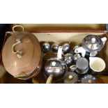 CASE OF COPPER FOOD WARMER & QTY OF DECO CHROME CLAD TEA/DINNER WARE ETC