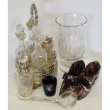 PLATED 4 BOTTLE TABLE CRUET, CELERY GLASS, SCENTS FLASK, SPOON & 3 PCES CLOUDY PURPLE GLASS