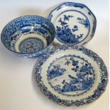 ORIENTAL BLUE & WHITE OCTAGONAL DISH + A PLATE + PASTORAL SCENE B/W BOWL