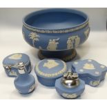 WEDGEWOOD BLUE & WHITE JASPERWARE BOWL, TABLE LIGHTER, ATOMISER & 3 TRINKET POTS & LIDS