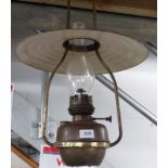 HANGING BRASS OIL LAMP WITH ENAMEL REFLECTOR SHADE