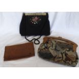 BLACK SATIN NEEDLEWORK HANDBAG WITH COMB & MIRROR COMPACT, LEATHER CLUTCH BAG & TEXTILE BAG WITH