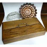 WOODEN KNIFE BOX, 1 COPPER & 1 GLASS JELLY MOULDS