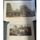 2 COLOURED EQUINE HUNT PRINTS - BREAKING COVER + THE MEET AT BADMINTON TO HIS GRACE THE DUKE OF
