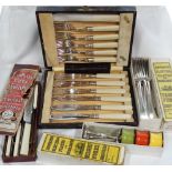 BOXED SET FISH CUTLERY & BOXES OF BONE HANDLE KNIVES & FORKS