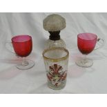 2 CRANBERRY GLASS PUNCH CUPS, GLASS NURSERY OIL LAMP & A PAINTED TUMBLER