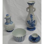 MINIATURE ORIENTAL CUP & SAUCER, ORIENTAL TEAPOT, VASE & SOY BOTTLE