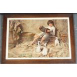 OAK FRAMED COLOURED PRINT BOY IN BARN WITH JACK RUSSELL TERRIERS