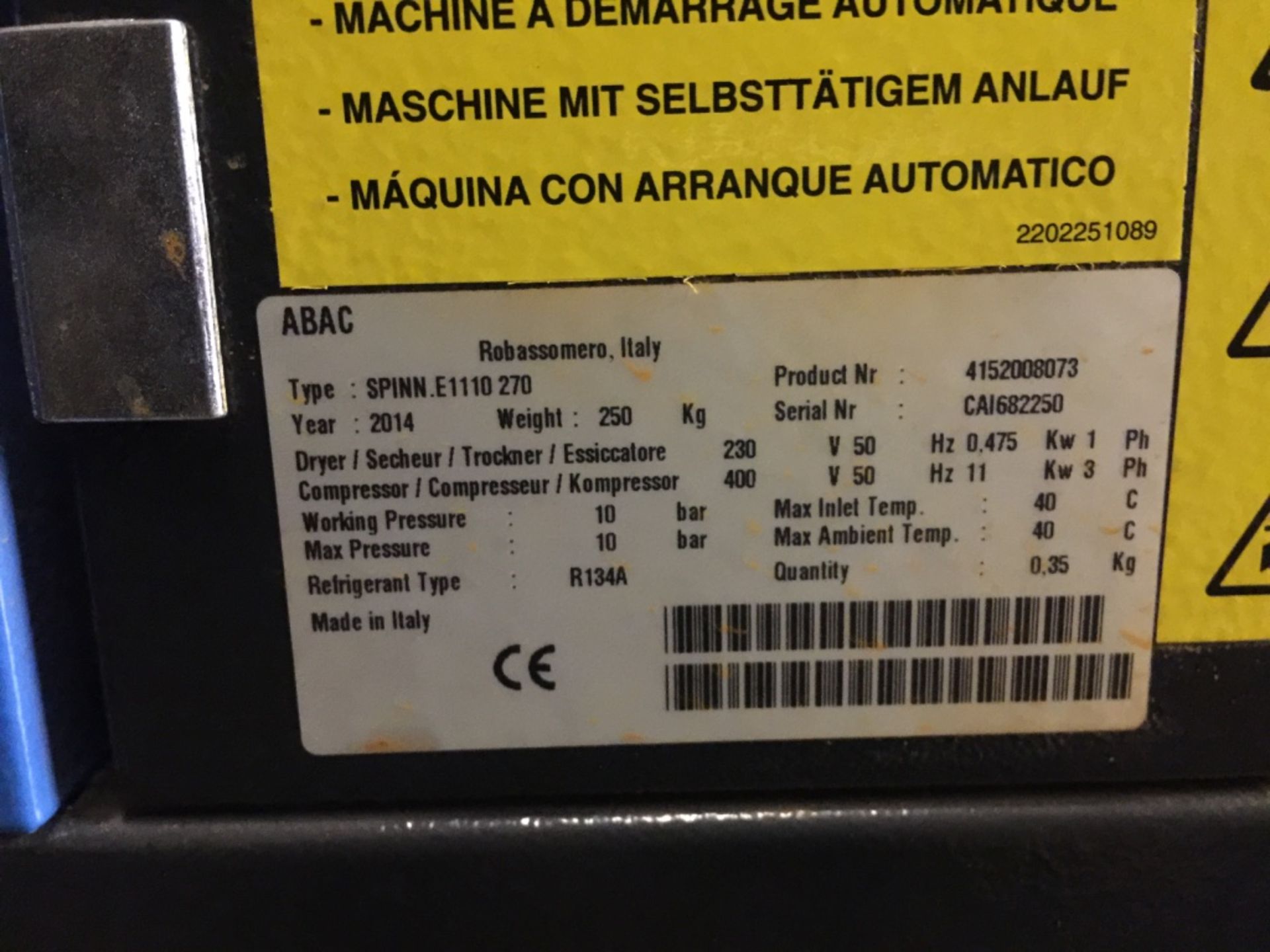 ABAC Receiver Mounted Air Compressor Type Spinn.E1110 270 Product NR 4152008073 Serial No. CAI682250 - Image 7 of 12