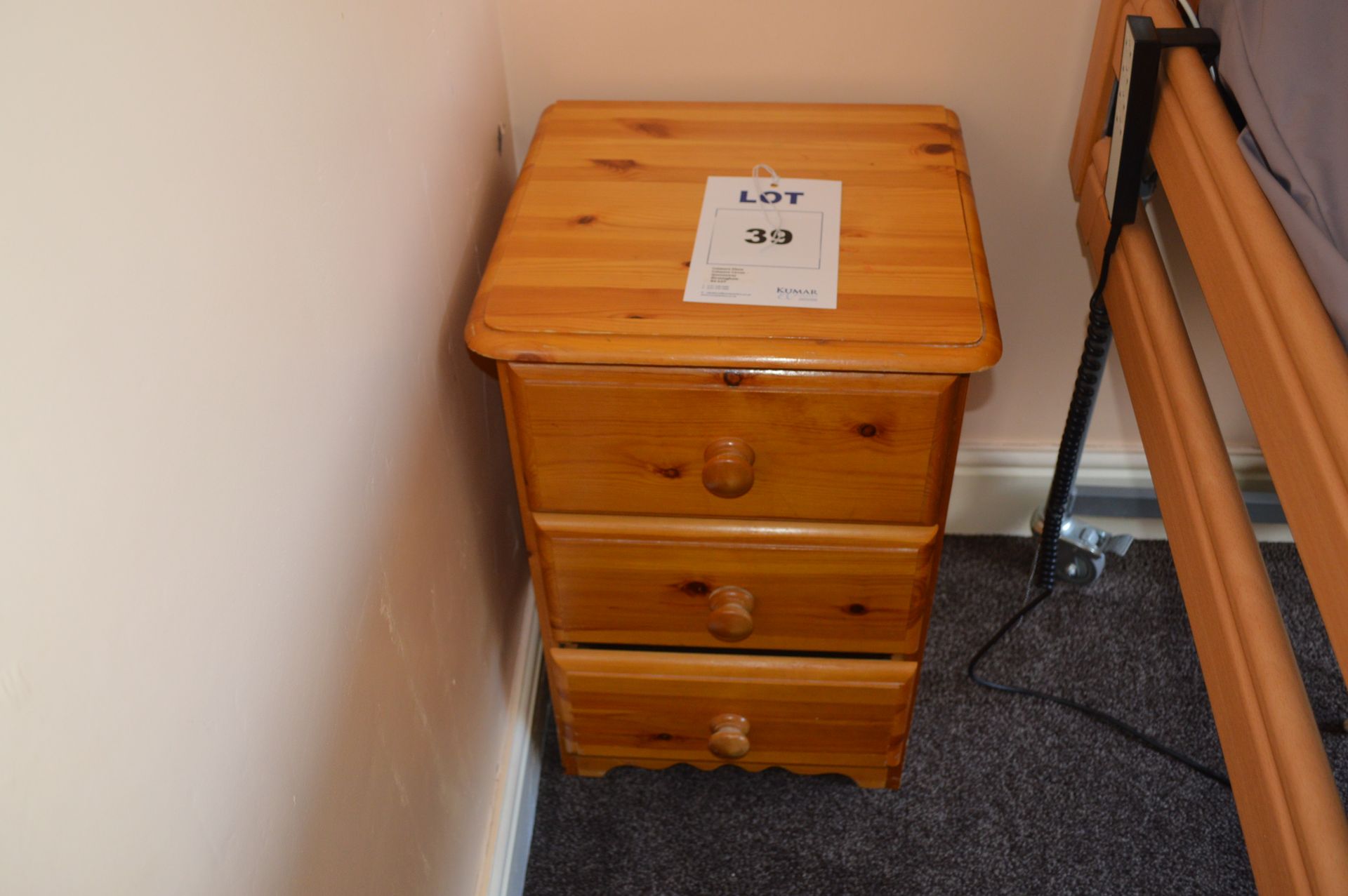 2: Pine Bed Side Table with 3 Drawers