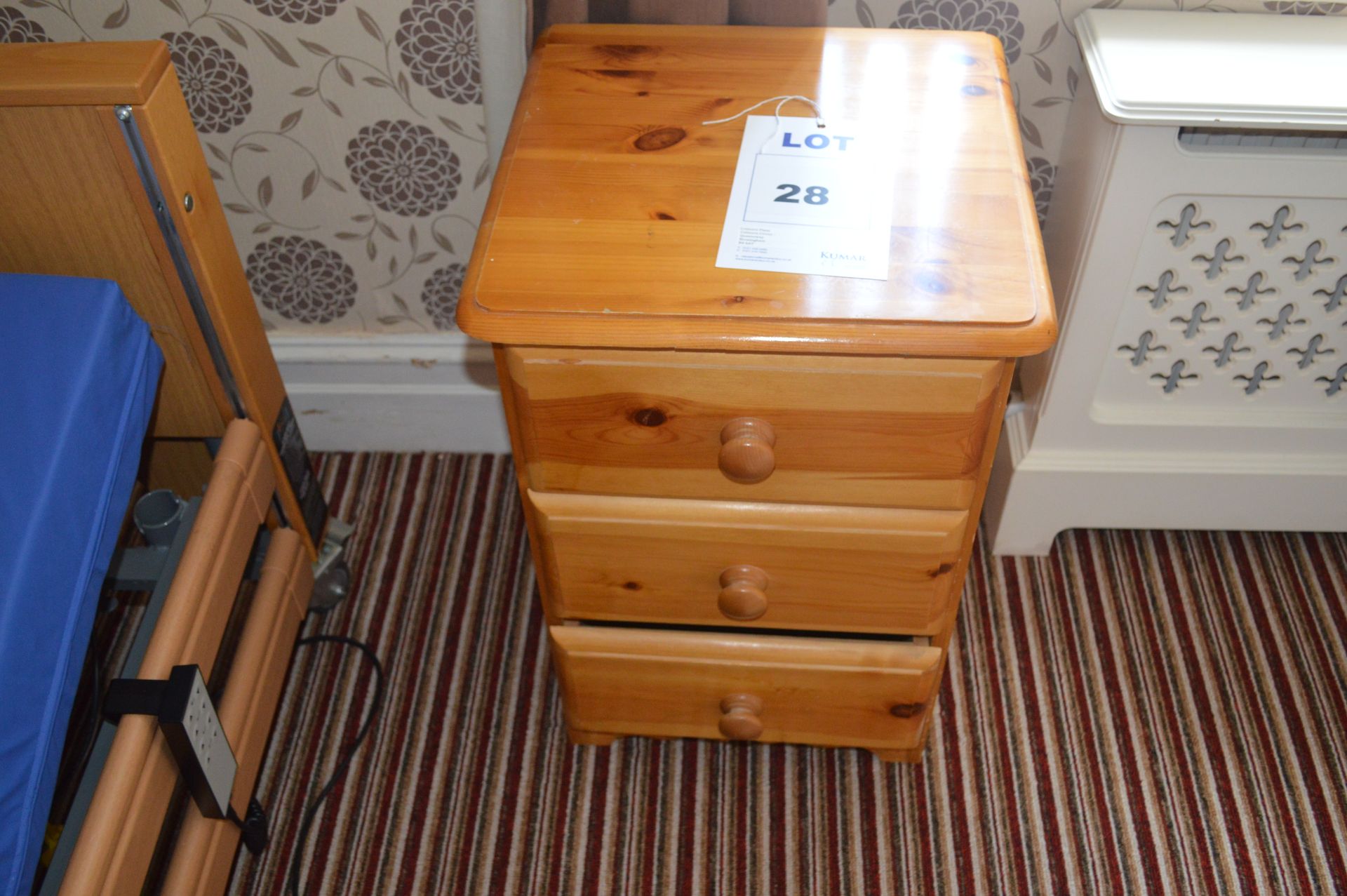 Pine Bed Side Table with 3 Drawers