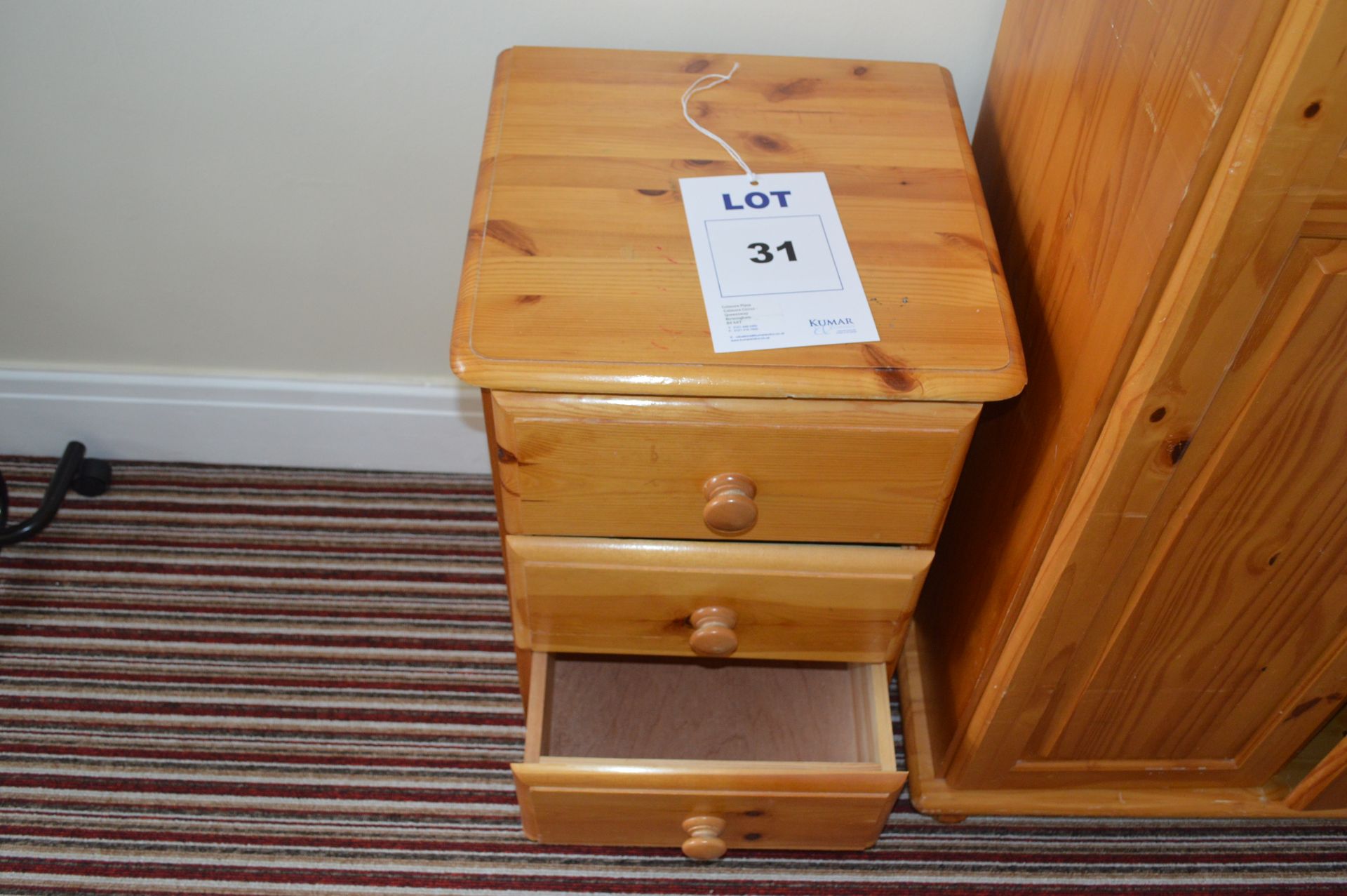 Pine Bed Side Table with 3 Drawers