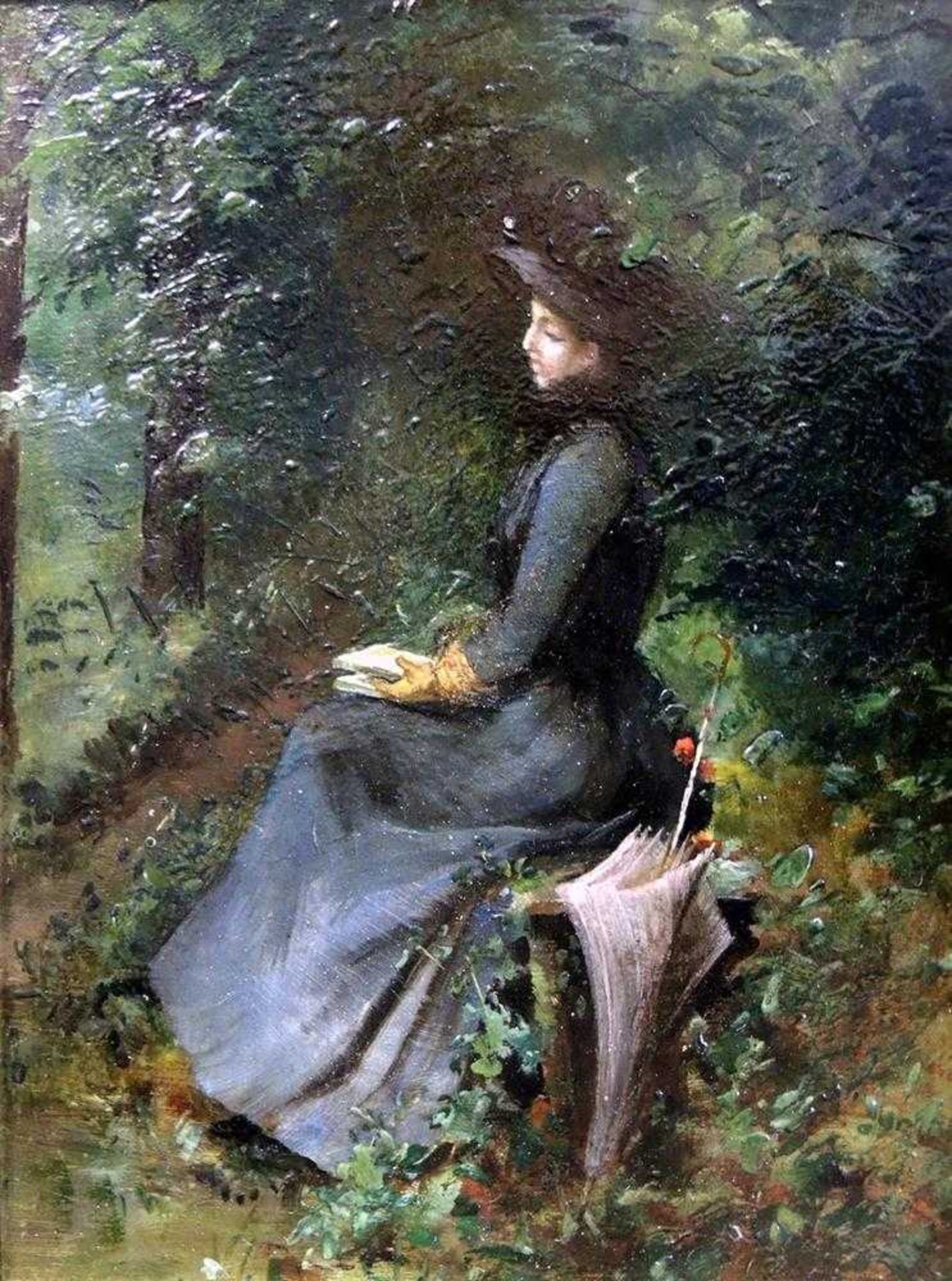 Dame im Park, fein ausgeführtes Gemälde Dame in dunkler Kleidung, mit Hut und Schirm in einem Park