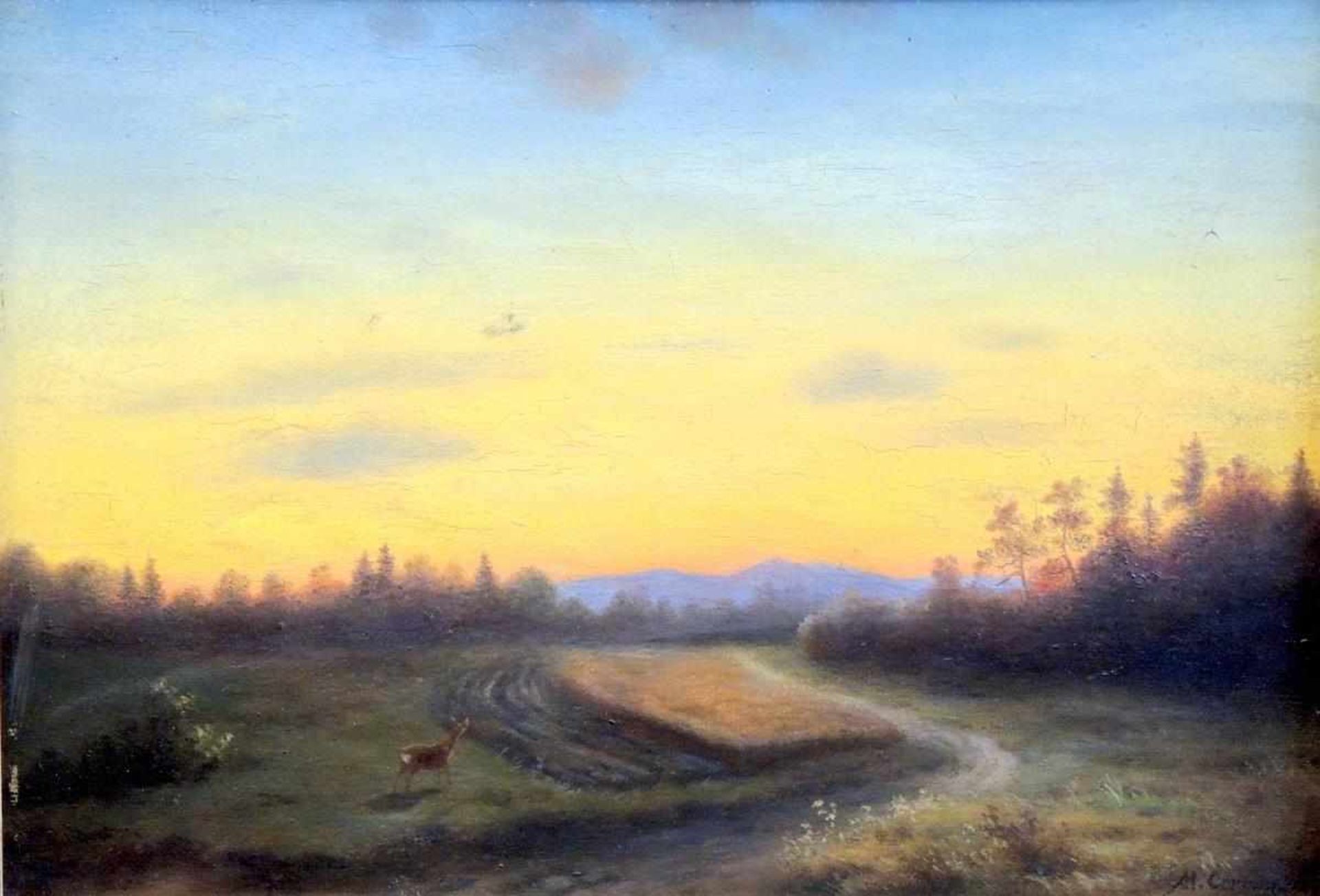 Max Correggio, 1854 München - 1908 München Waldlichtung mit Reh im Sonnenaufgang. Öl/Leinwand,