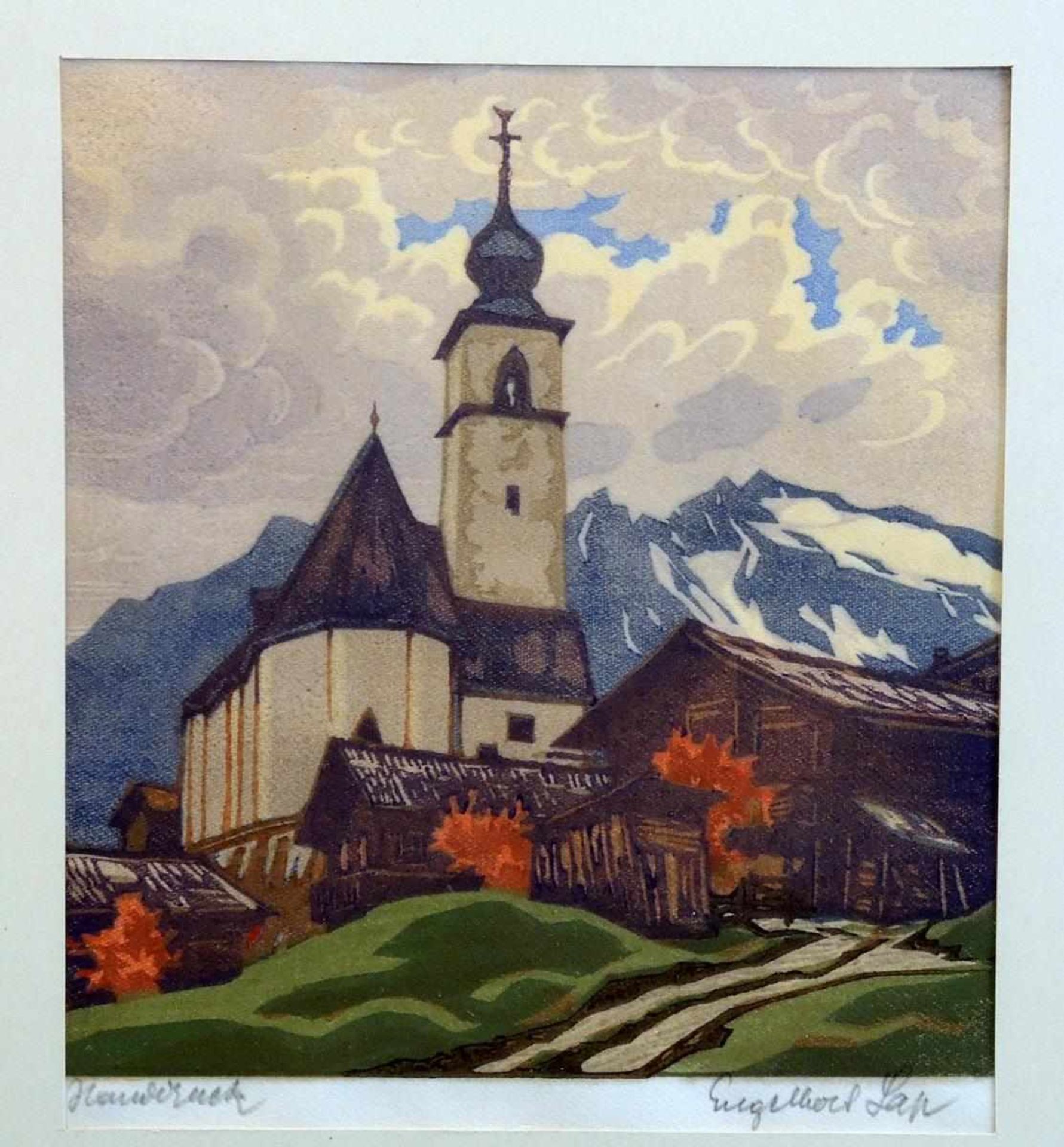 Engelbert Lap, 1886 Graz - 1970 Innsbruck Gebirgsdorf mit Kirche. Farbholzschnitt/Papier, gerahmt