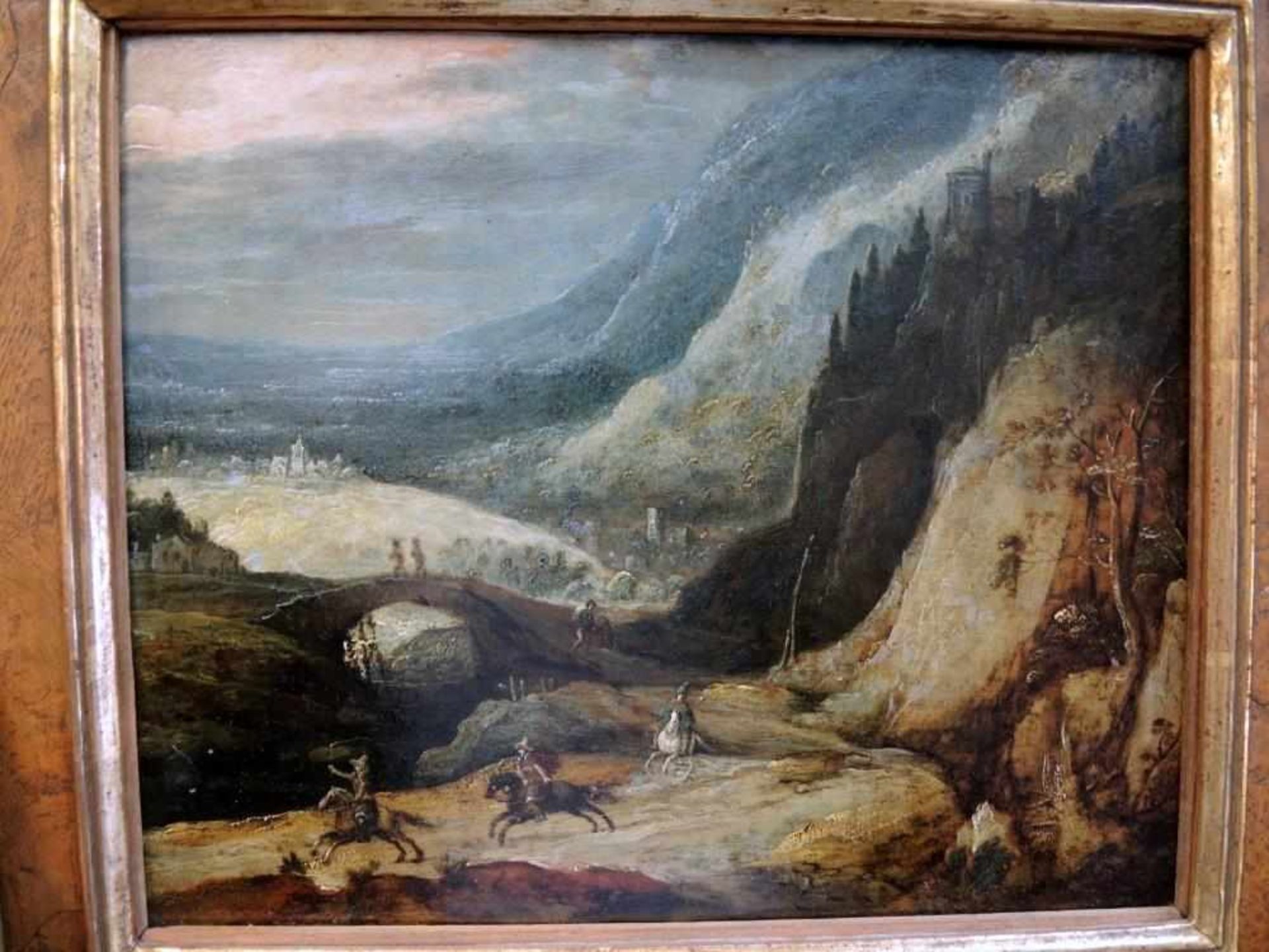 Joos II de Momper, 1564 Antwerpen - 1635 ebenda, Berglandschaft mit Reiterei. Öl/Kupfer, gerahmt. - Bild 2 aus 5