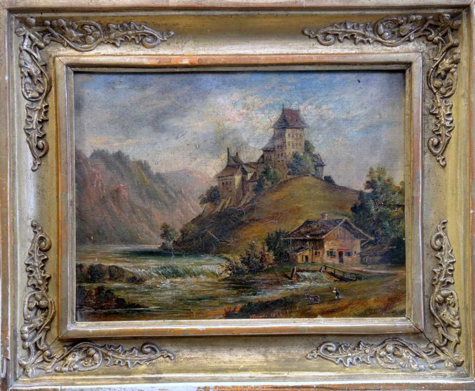 Flusslandschaft mit Burg und Eseltreiber Öl/Malkarton gerahmt. Signiert "M. Bauer 1854". - Bild 2 aus 2