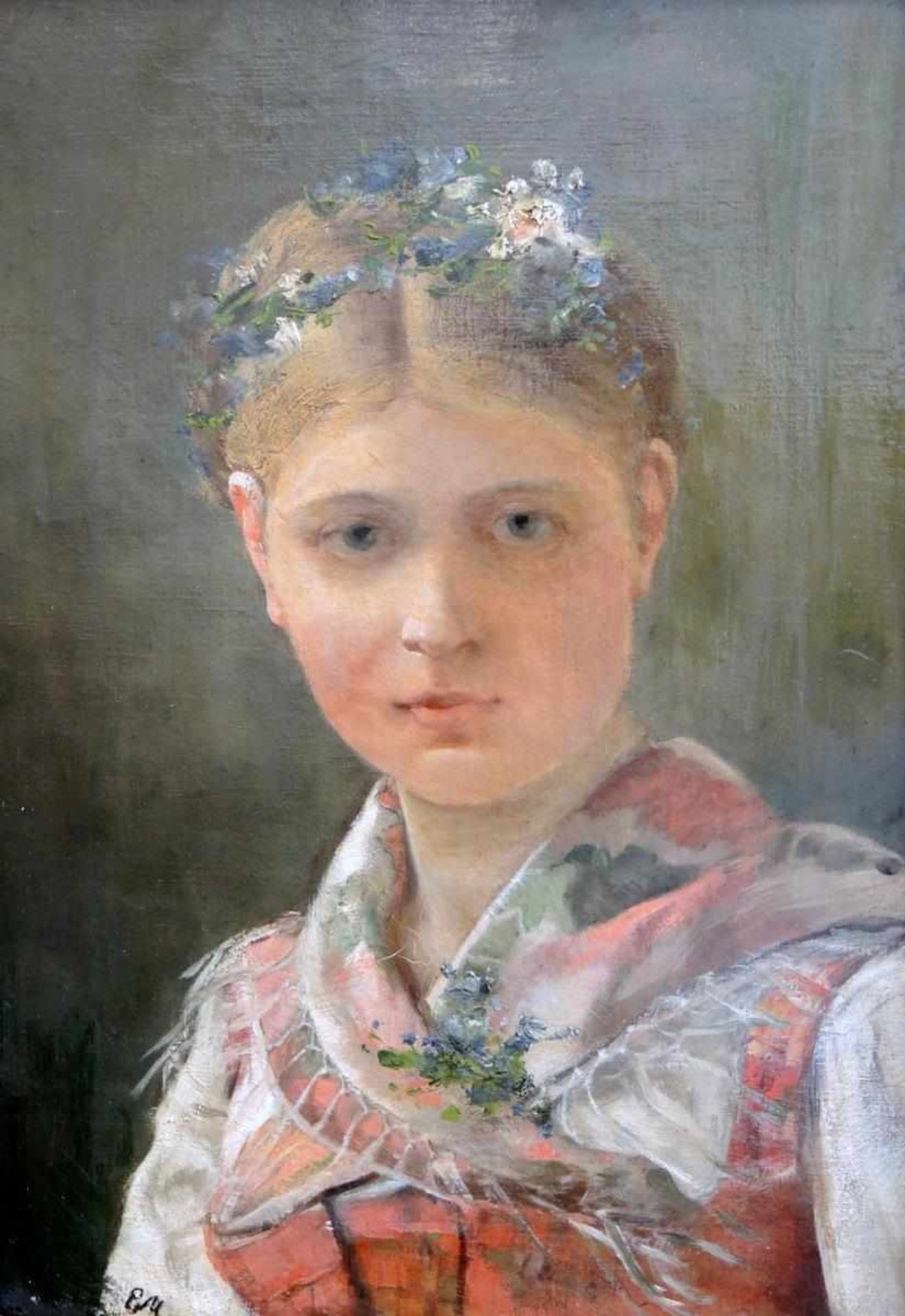 Emma von Müller, 1859 Innsbruck -1925 München Mädchen in Tracht mit Blumenkranz. Öl/Leinwand