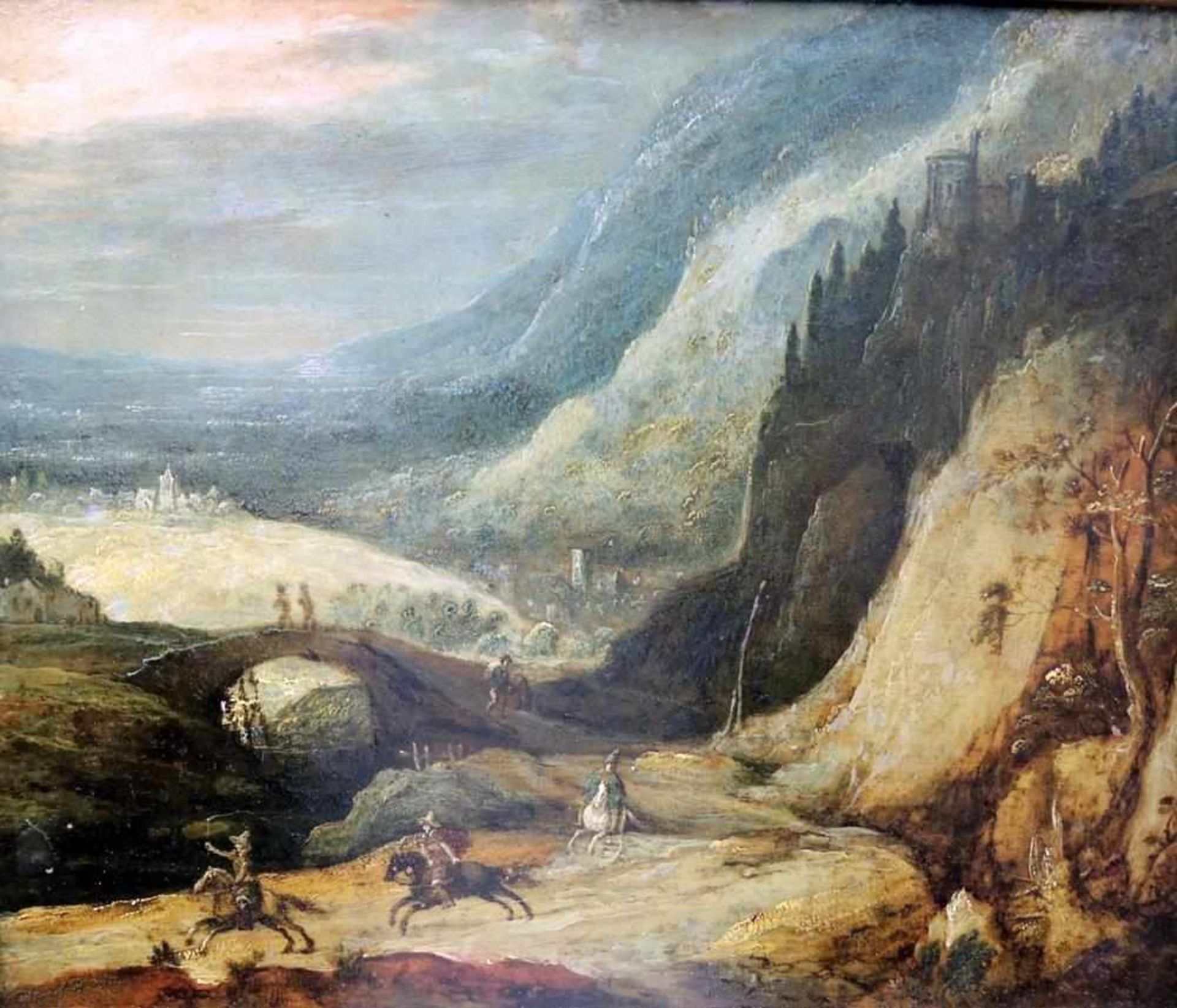 Joos II de Momper, 1564 Antwerpen - 1635 ebenda, Berglandschaft mit Reiterei. Öl/Kupfer, gerahmt.