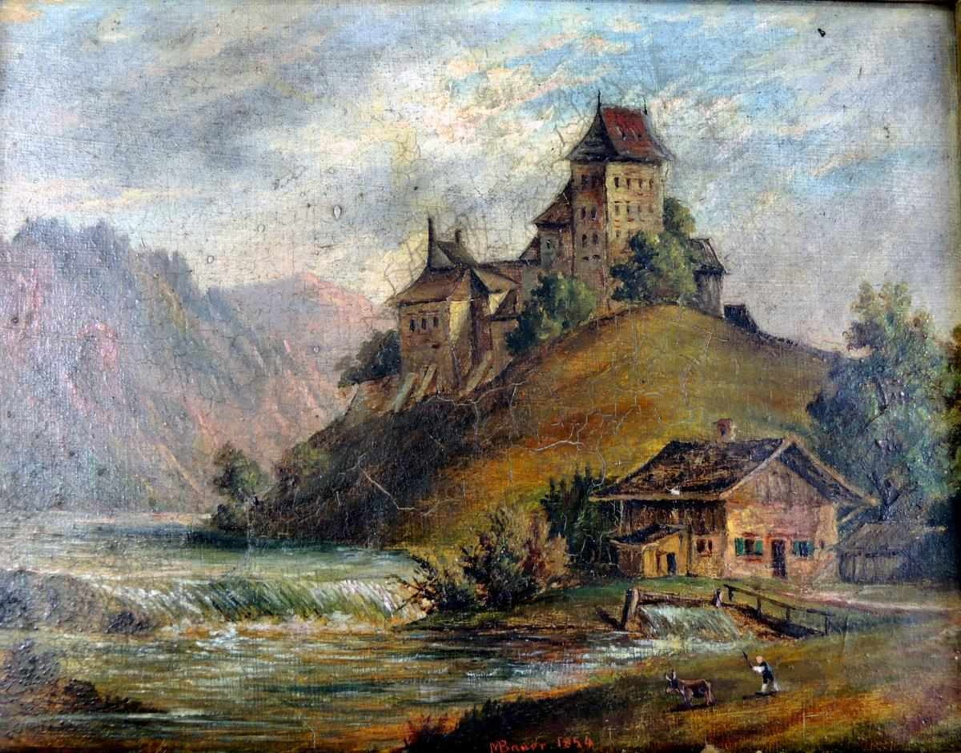 Flusslandschaft mit Burg und Eseltreiber Öl/Malkarton gerahmt. Signiert "M. Bauer 1854".