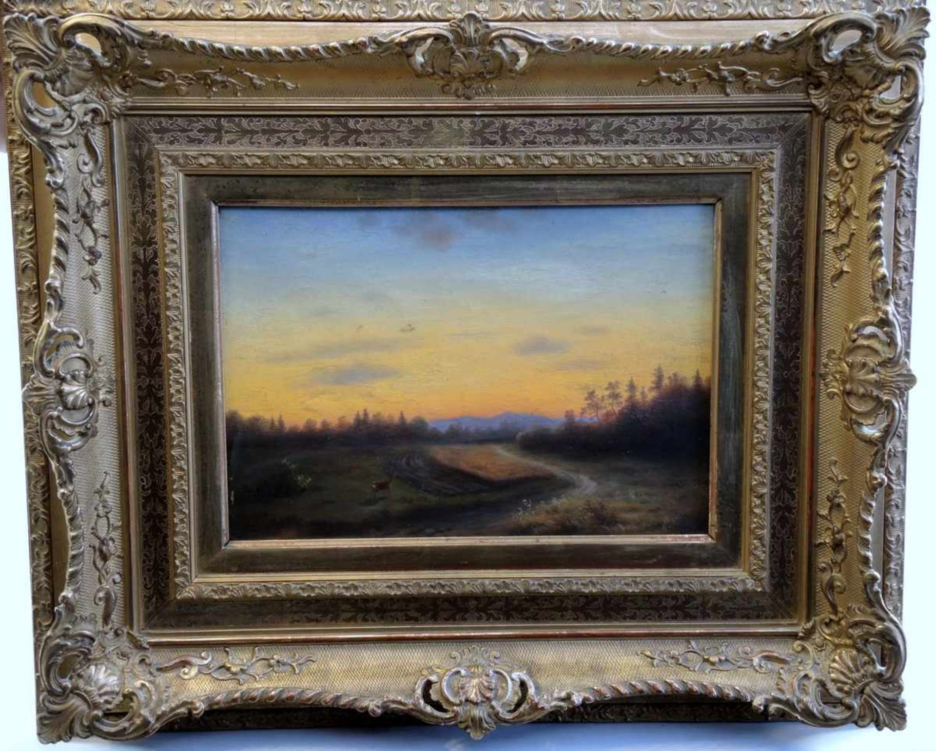 Max Correggio, 1854 München - 1908 München Waldlichtung mit Reh im Sonnenaufgang. Öl/Leinwand, - Bild 2 aus 2