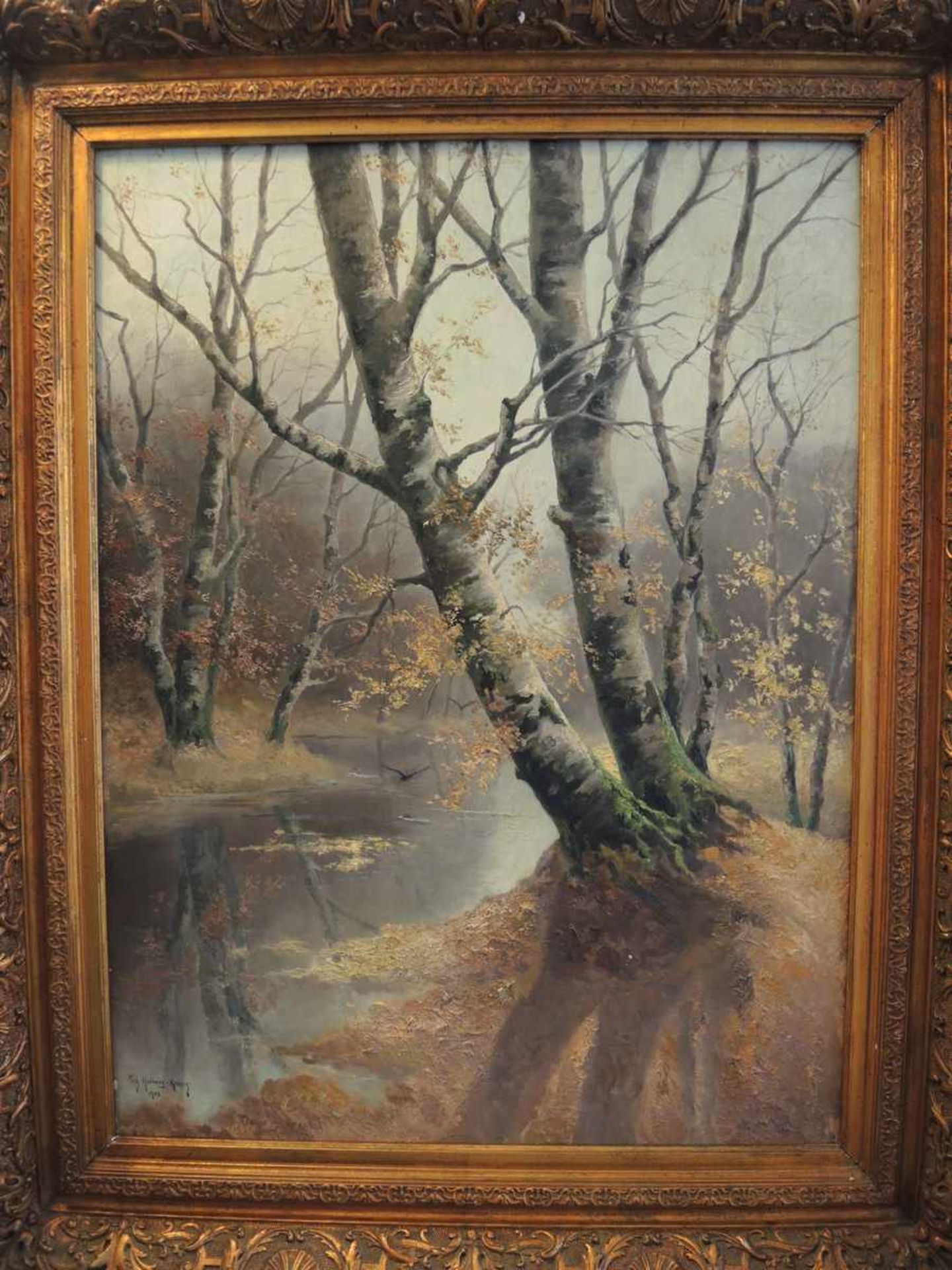 Fritz Halberg-Krauss, 1874 Stadtprozelten - 1951 Prien Flusslandschaft mit Birken. Öl/Leinwand, - Bild 2 aus 2