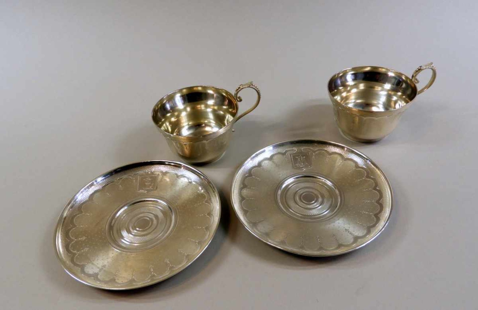 Paar Tassen mit Untertellern Silber 950, Minervakopf Punze für Paris, Firma Lavallee Orfevre E. - Bild 3 aus 5