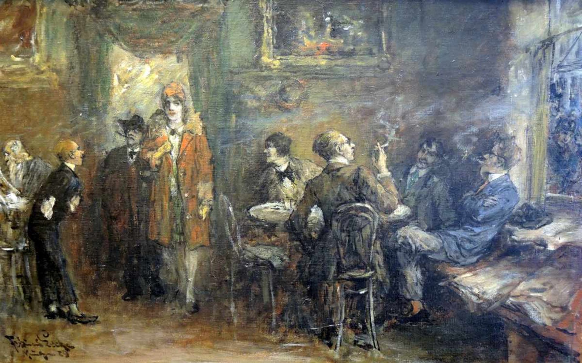 Ferdinand Leeke 1859 Magdeburg - 1923 Nürnberg Öl/Leinwand, gerahmt. Café Größenwahn. Links unten