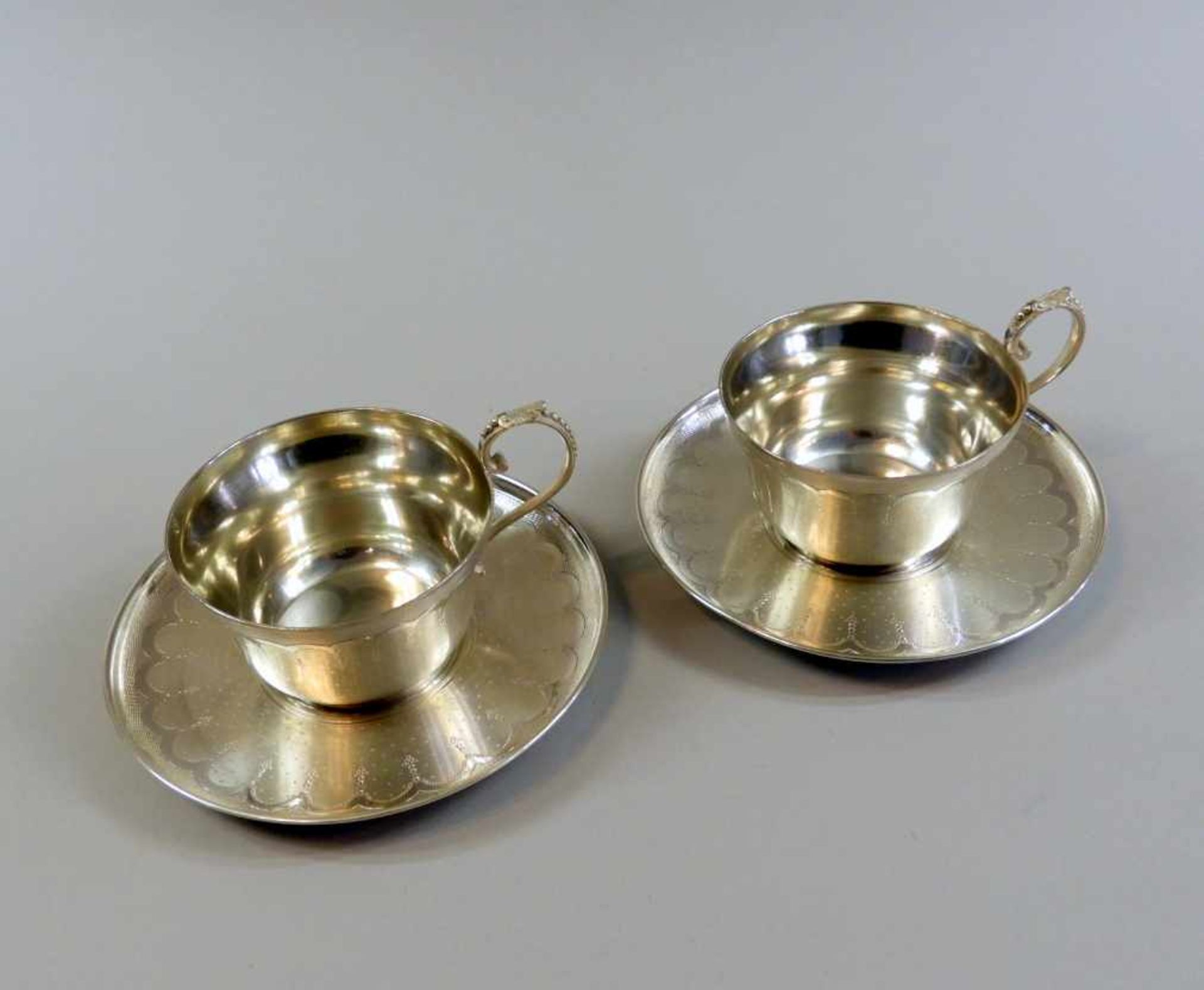 Paar Tassen mit Untertellern Silber 950, Minervakopf Punze für Paris, Firma Lavallee Orfevre E. - Bild 2 aus 5