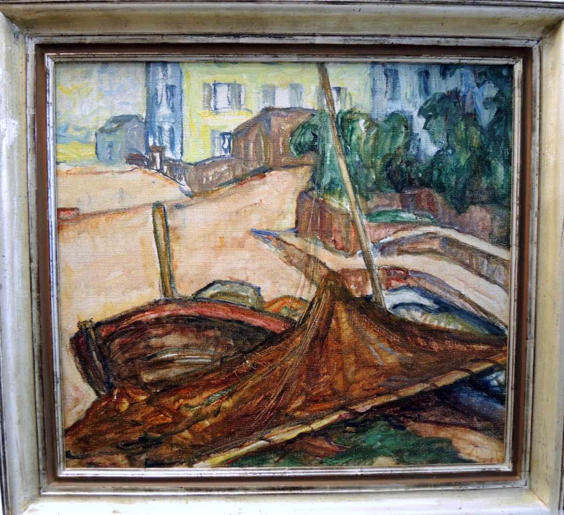 Gerta Springer, 1880 Saarburg - 1960 München Fischerboot am Strand. Öl/Leinwand, gerahmt. H x B - Bild 2 aus 2