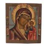 Ikone Gottesmutter von Kazan mit vier Randheiligen, russisch, 19. Jh., Tempera auf Holz, 46 x 40 cm,