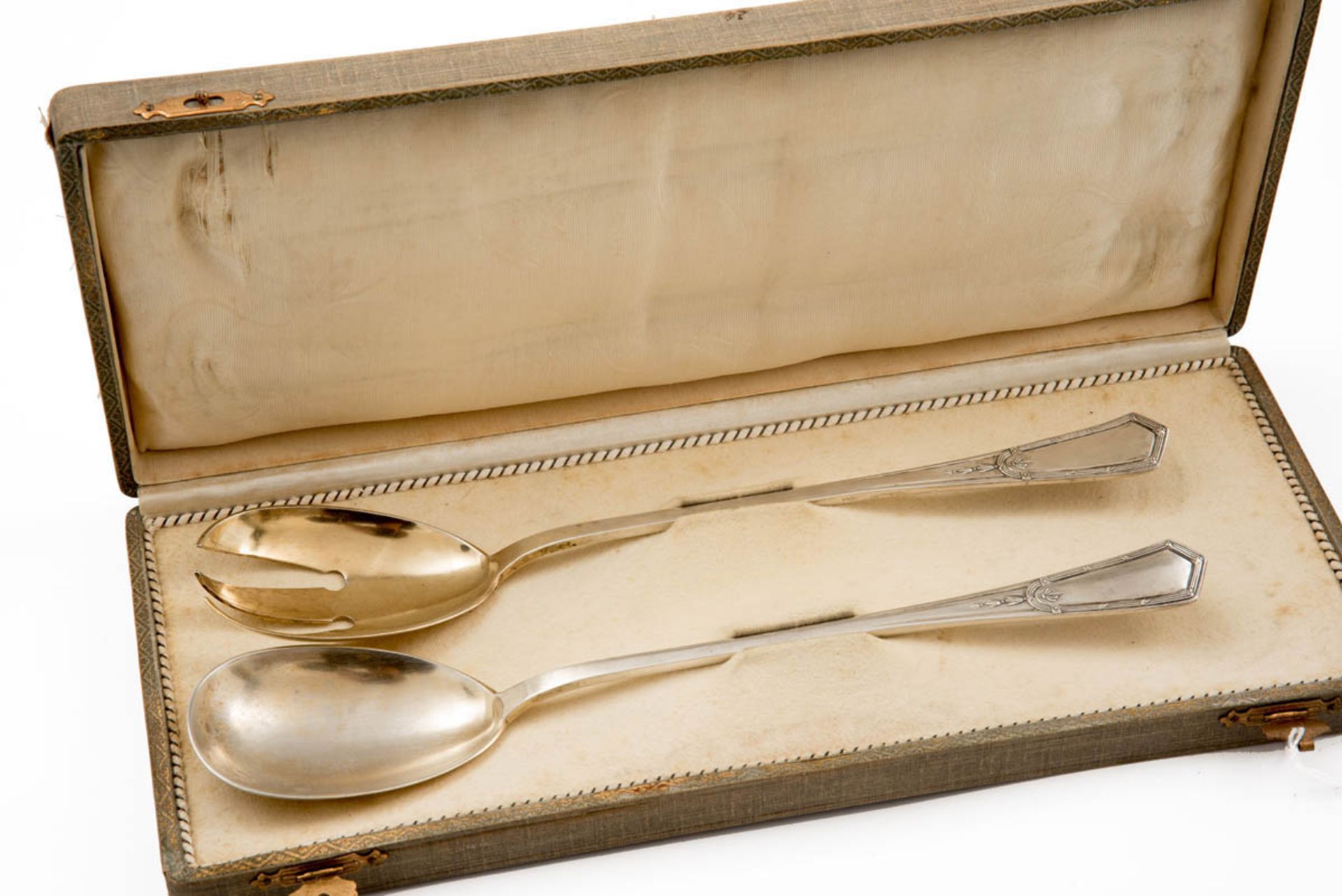 Salatbesteck, Wilhelm Binder, Gmünd, um 1900 800er Silber, Laffen vergoldet. Ovale Laffen, schlanker