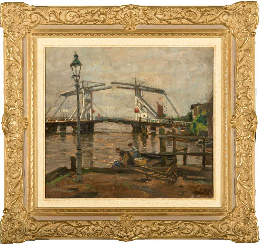 Körner, Edmund (1873 Dresden - 1938) "Die holländische Brücke zur Halbinsel Wiek bei Greifswald", Öl