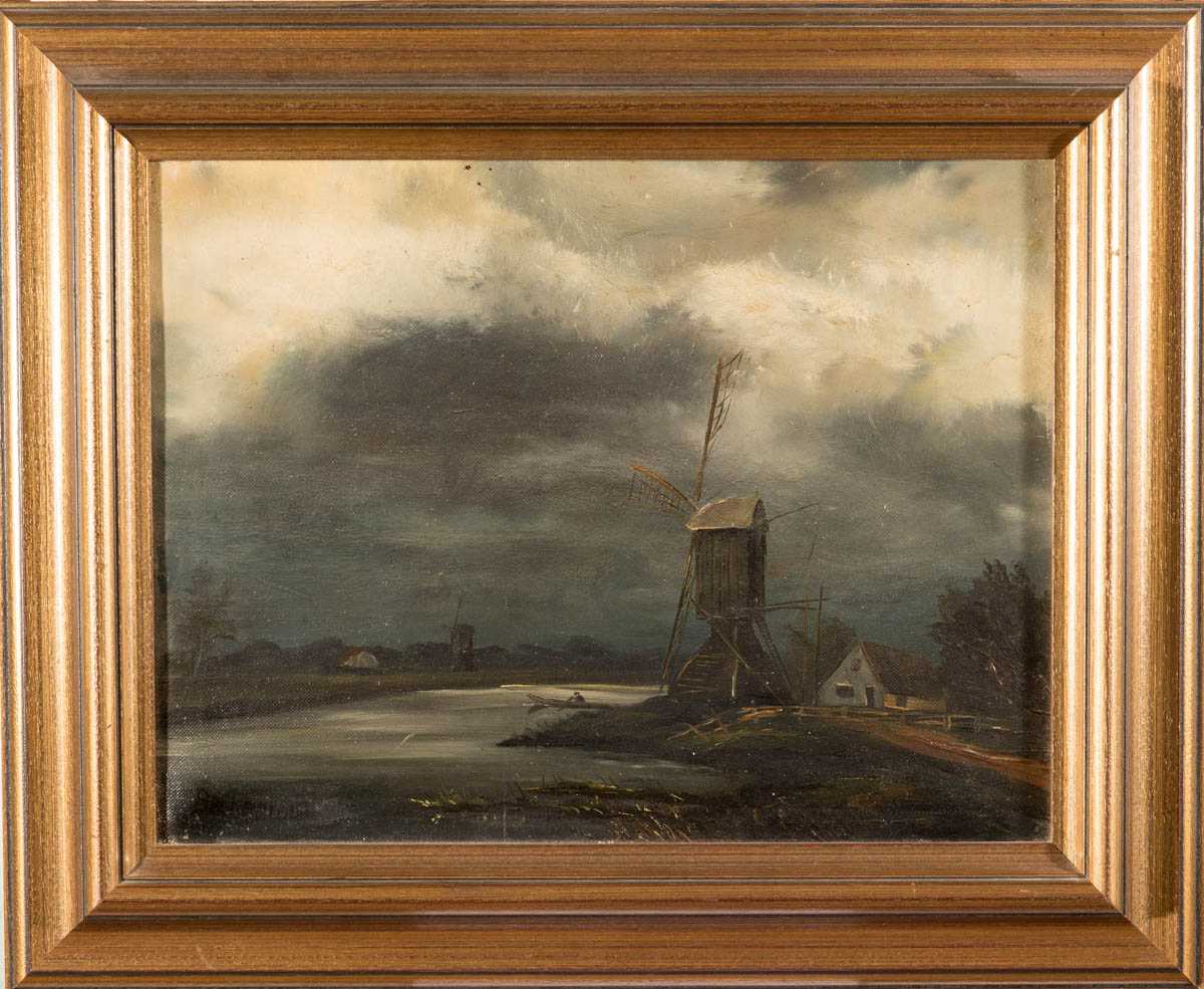 Berkerling Mondlandschaft mit Bockwindmühle und See. Öl/Lwd. Li.u. sign. 33 x 42 cm.lR.l